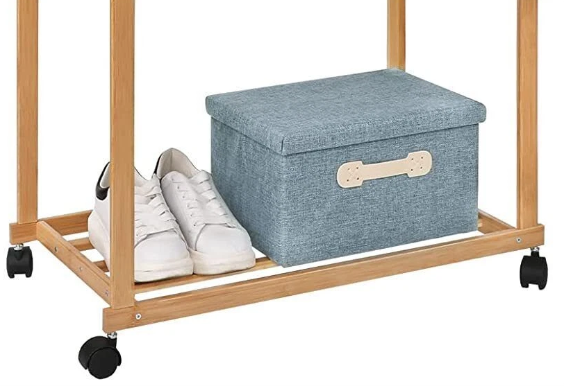 Large Bamboo Clothes Rail with Wheels, Wooden Garment Rack with Shelves for Bedroom