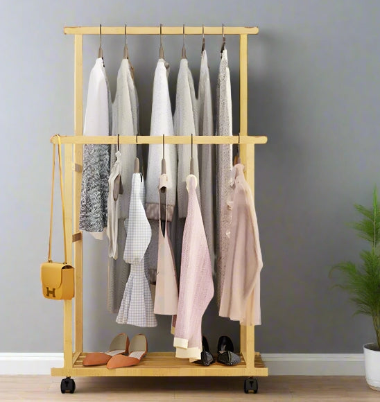 Large Bamboo Clothes Rail with Wheels, Wooden Garment Rack with Shelves for Bedroom