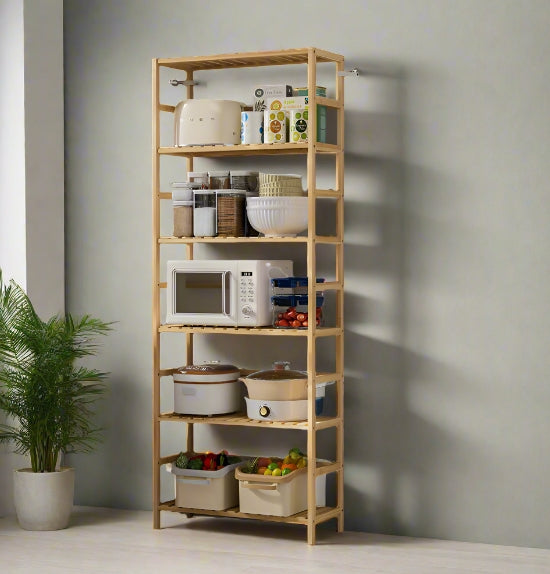 6-Tier Bamboo Bookshelf, Adjustable Free Standing Shelf Unit for Kitchen, Bathroom, or Living Room