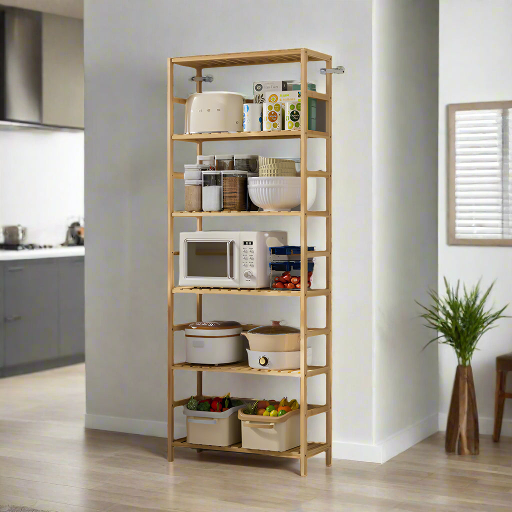 6-Tier Bamboo Bookshelf, Adjustable Free Standing Shelf Unit for Kitchen, Bathroom, or Living Room