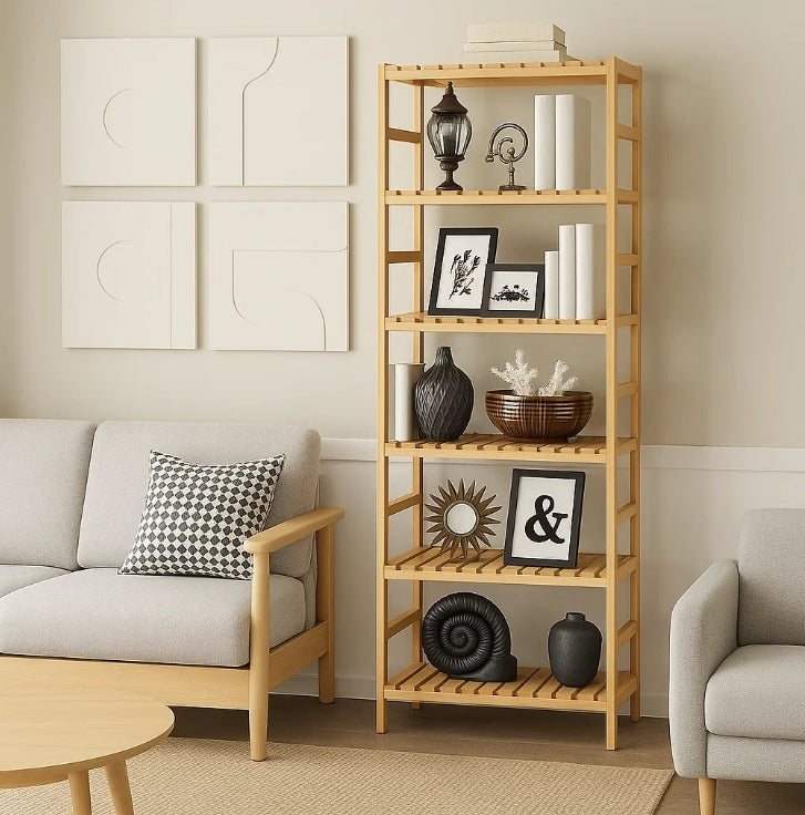 6-tier bamboo bookshelf with adjustable open shelves