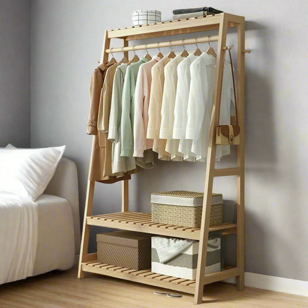 Bamboo Clothes Rail Rack with Top Shelf, Shoe Storage, 10 Hooks, and Ladder Rails – 80x43.5x165 cm