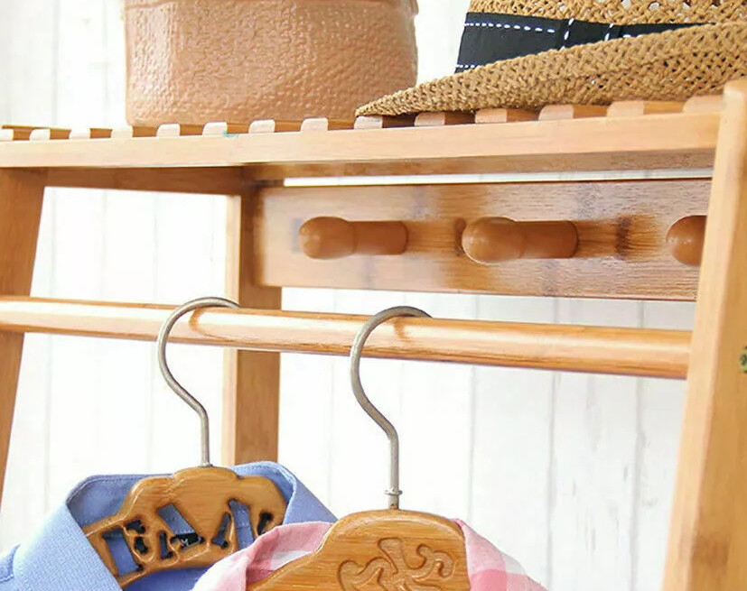 Bamboo Clothes Rail Rack with Top Shelf, Shoe Storage, 10 Hooks, and Ladder Rails – 80x43.5x165 cm