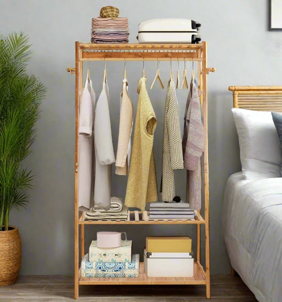 Bamboo Clothes Rail Rack with Top Shelf, Shoe Storage, 10 Hooks, and Ladder Rails – 80x43.5x165 cm