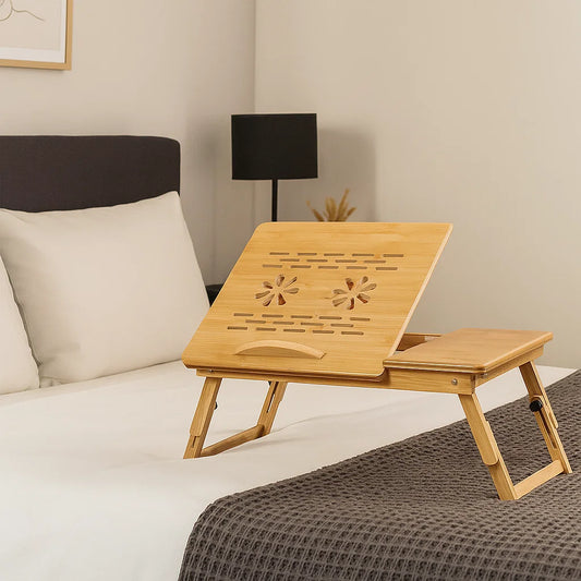 Natural bamboo folding laptop bed tray with adjustable tilt top, drawer, and foldable legs