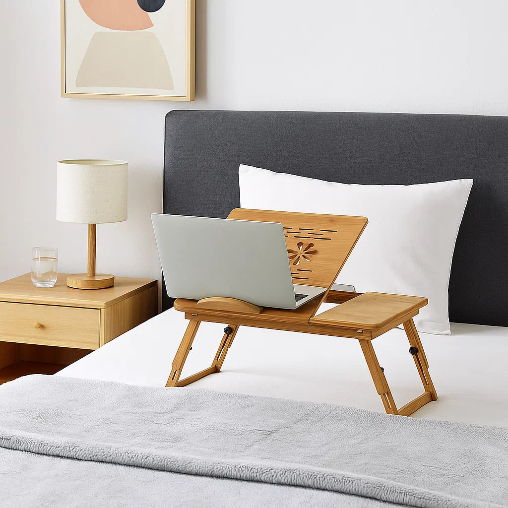 Adjustable Bamboo Laptop Bed Tray Table with Drawer, Folding Stand for 14" Laptops, Portable Desk