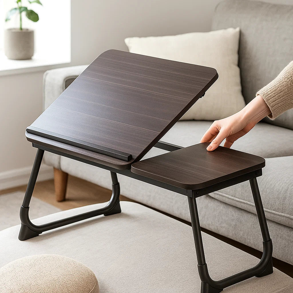 Black folding laptop bed tray with device slot and cup holder, portable lap desk for sofa or bed