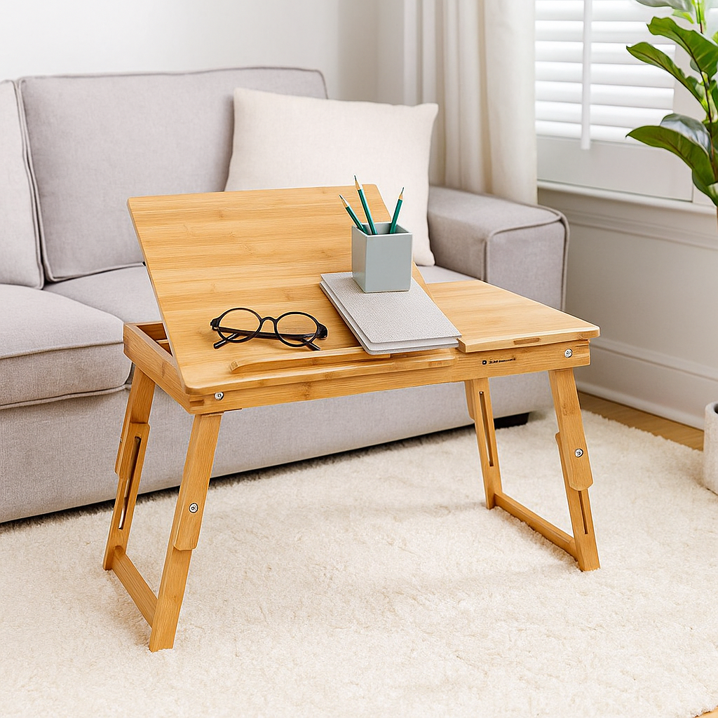 Bamboo Folding Laptop Bed Tray Table with Adjustable Top, Drawer & Legs, 54.5x34.5x29cm