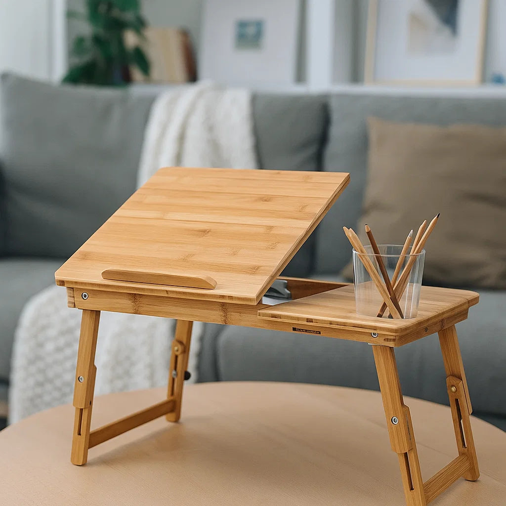 Bamboo Folding Laptop Bed Tray Table with Adjustable Top, Drawer & Legs, 54.5x34.5x29cm