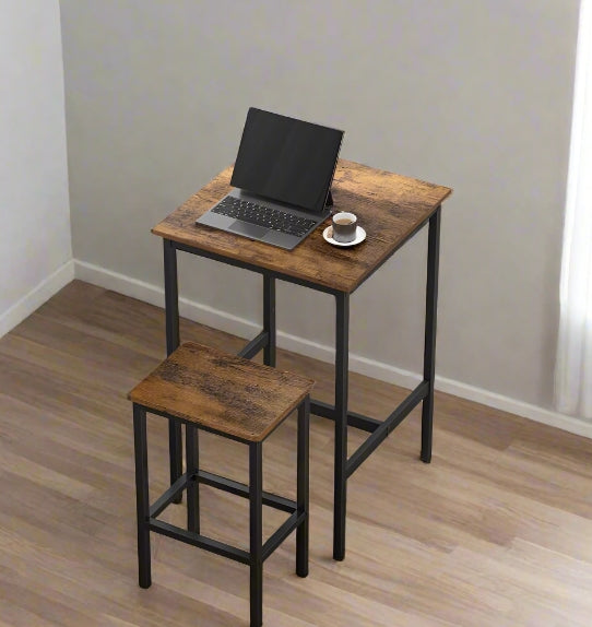 Compact Dining Table and 2 Chairs Set with Footrests, Industrial Style, Rustic Brown and Black