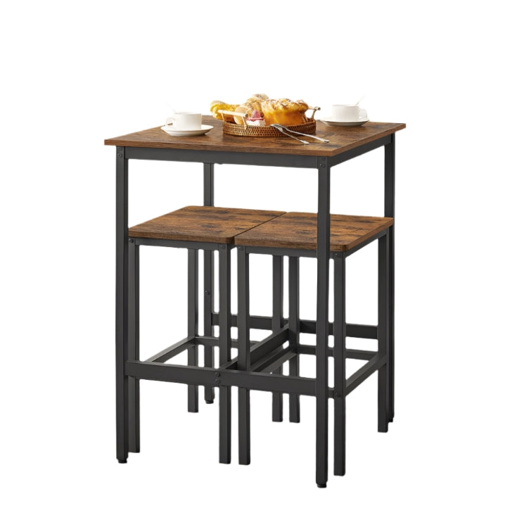 Compact Dining Table and 2 Chairs Set with Footrests, Industrial Style, Rustic Brown and Black