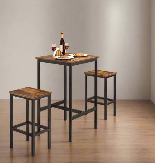 Compact Dining Table and 2 Chairs Set with Footrests, Industrial Style, Rustic Brown and Black