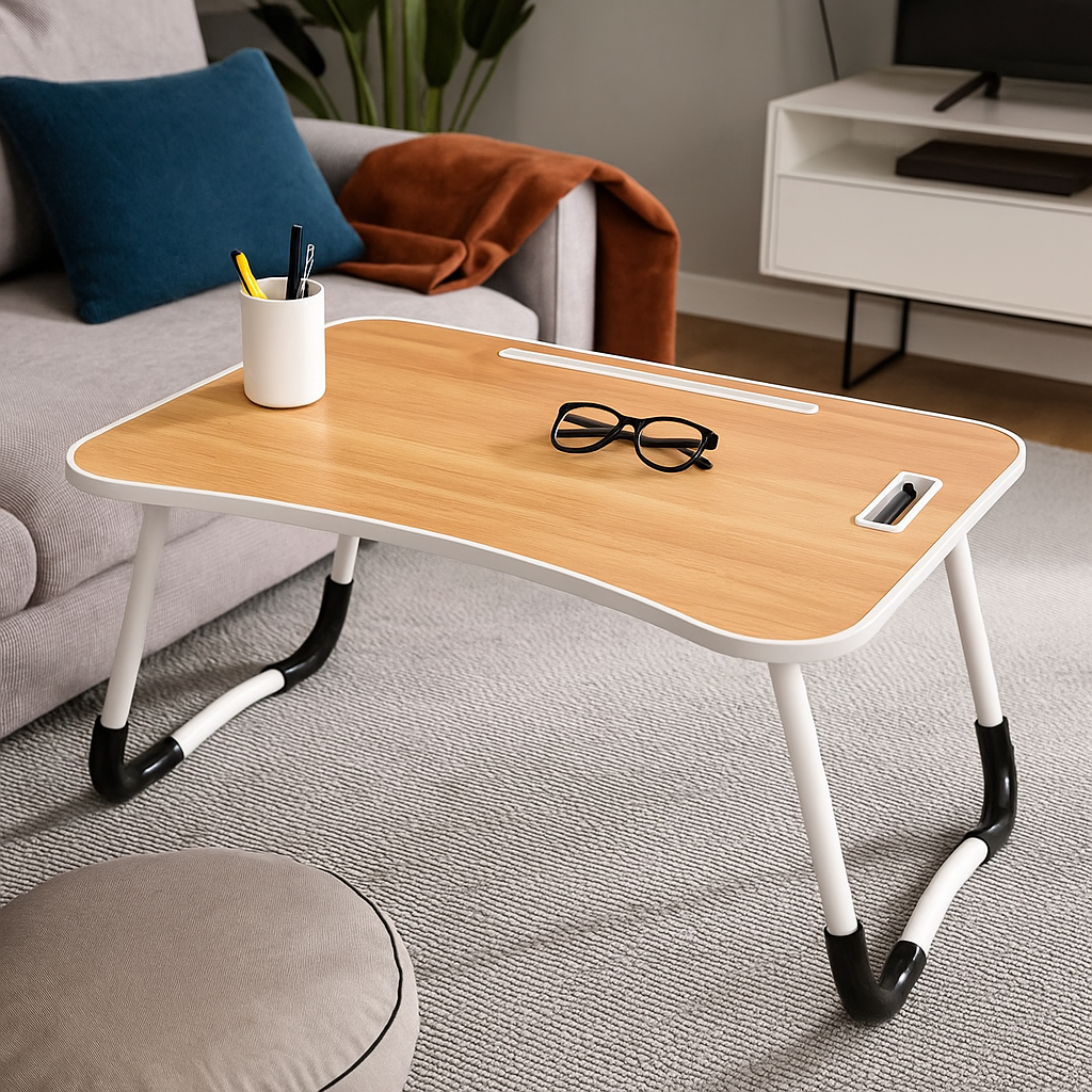 Folding Laptop Bed Table with Cup Holder, Lap Desk Tray for Sofa, Breakfast, Portable, Walnut