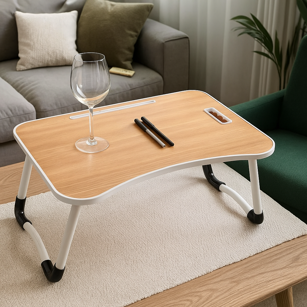 Folding Laptop Bed Table with Cup Holder, Lap Desk Tray for Sofa, Breakfast, Portable, Walnut