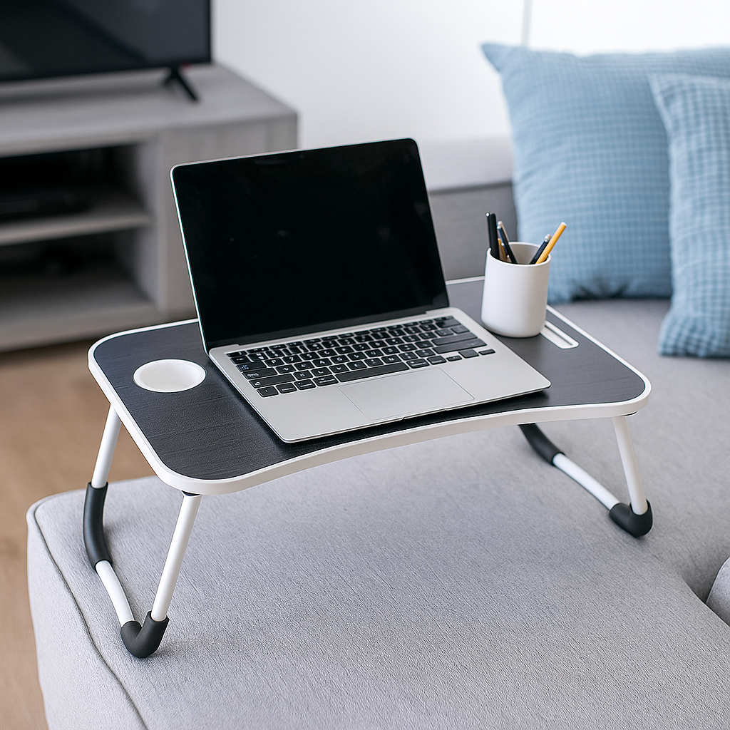 Folding Laptop Bed Table with Cup Holder, Lap Desk Tray for Sofa, Breakfast, Portable, Black