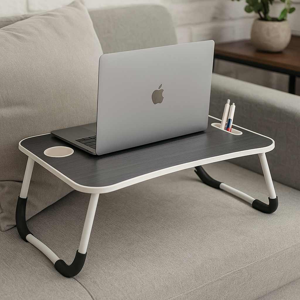Folding Laptop Bed Table with Cup Holder, Lap Desk Tray for Sofa, Breakfast, Portable, Black