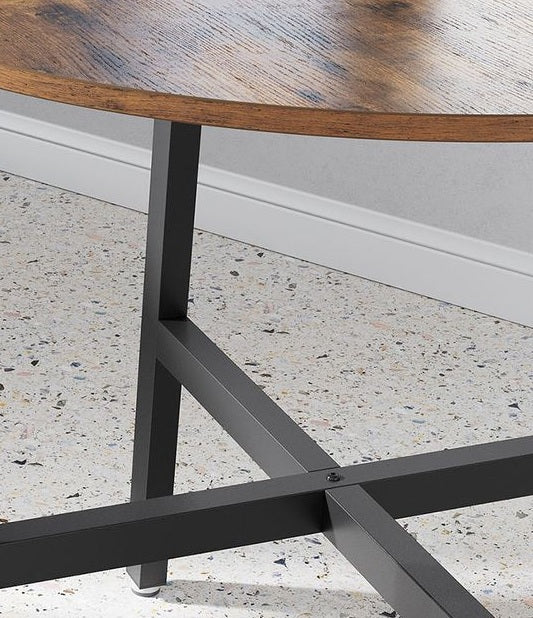 Round Dining Table, Rustic Brown Top with Black Steel Frame, Industrial Style for Kitchen or Office