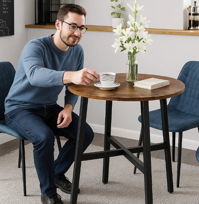 Round Dining Table, Rustic Brown Top with Black Steel Frame, Industrial Style for Kitchen or Office