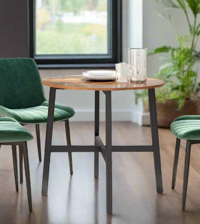 Round Dining Table, Rustic Brown Top with Black Steel Frame, Industrial Style for Kitchen or Office