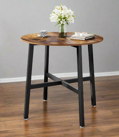 Round Dining Table, Rustic Brown Top with Black Steel Frame, Industrial Style for Kitchen or Office
