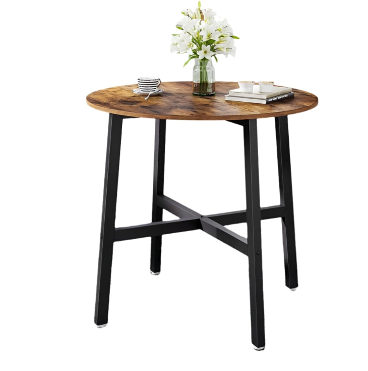 Round Dining Table, Rustic Brown Top with Black Steel Frame, Industrial Style for Kitchen or Office