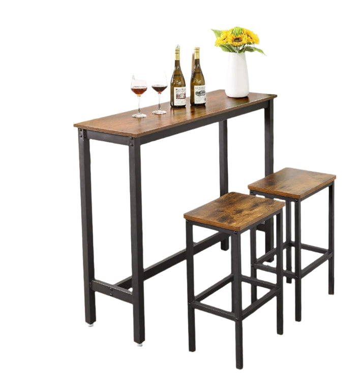 Industrial bar table or desk with vintage brown wood top and black metal frame, ideal for small spaces