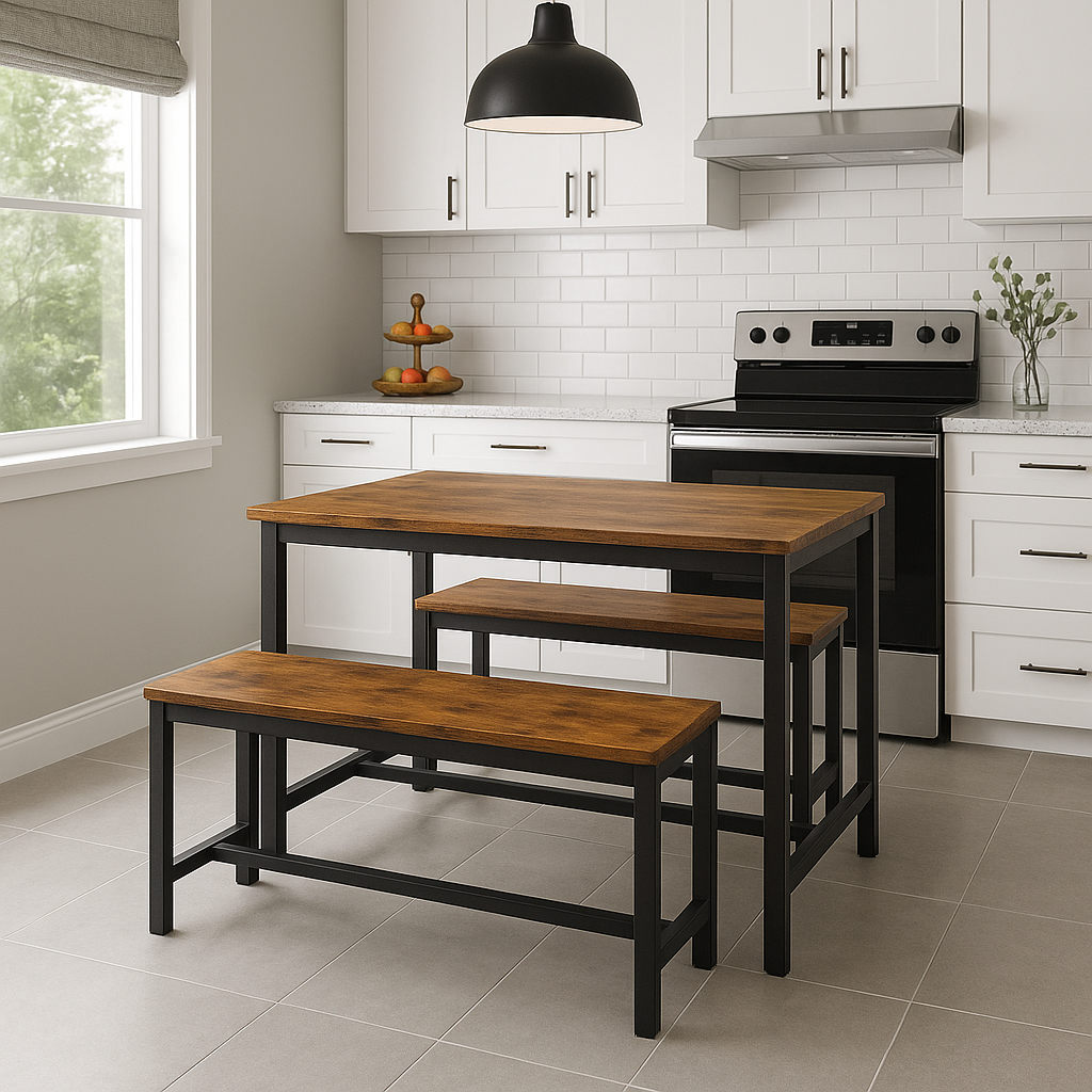 Set of 2 Industrial Dining Benches Rustic Brown Wood and Black Steel Frame Seating 108cm