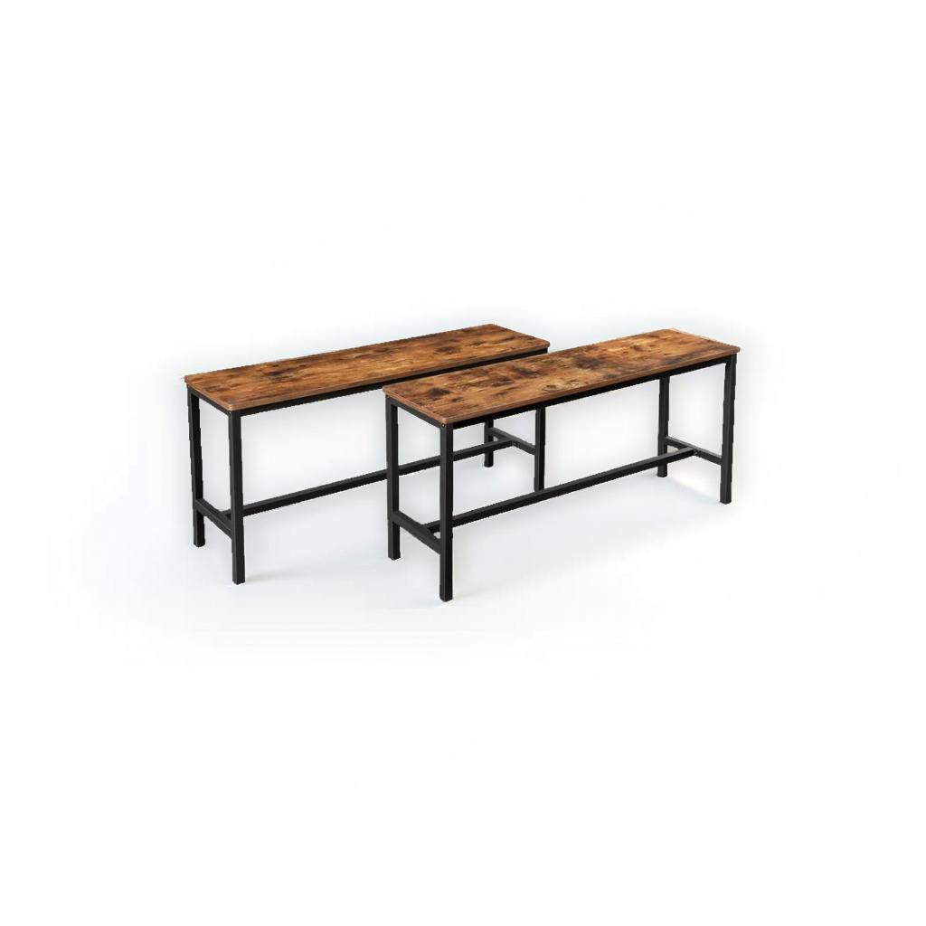 Set of 2 Industrial Dining Benches Rustic Brown Wood and Black Steel Frame Seating 108cm