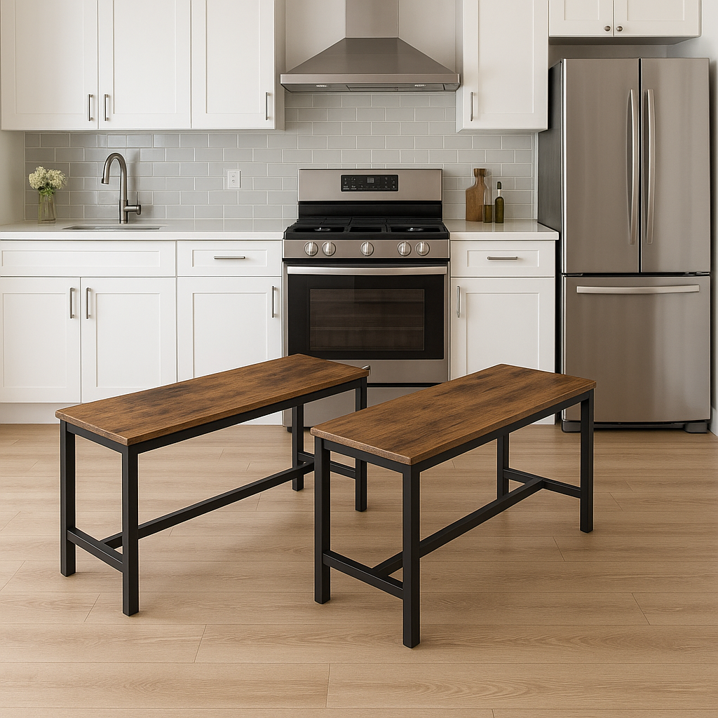 Two wooden benches with black metal frames in a modern kitchen setting.