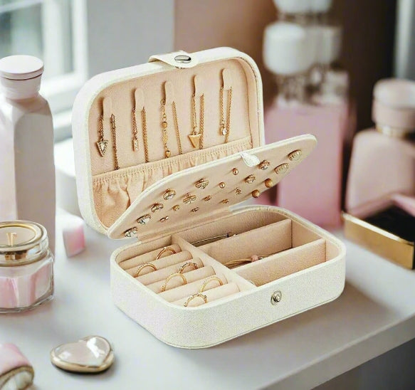 White portable leather jewelry box with compartments for rings necklaces and earrings