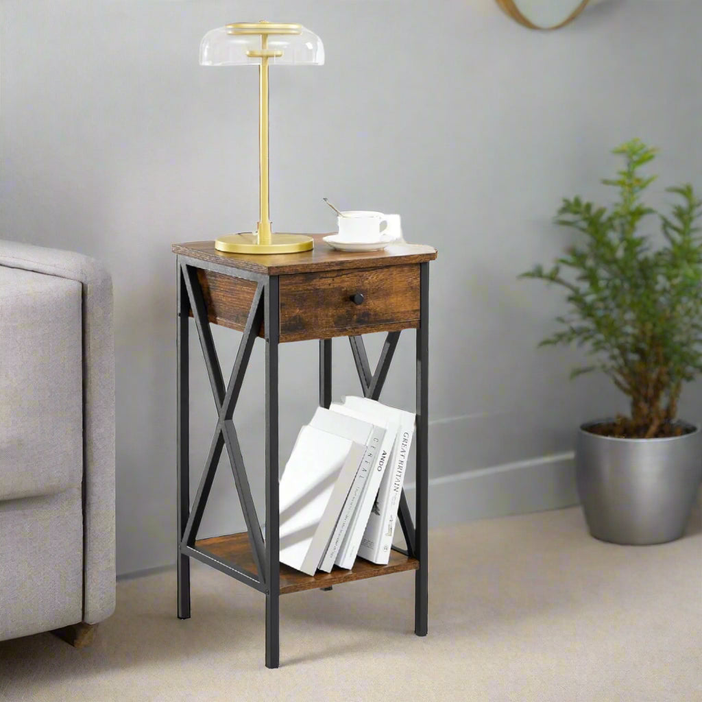 Rustic industrial tall nightstand with drawer and shelf in brown and black for bedroom or living room