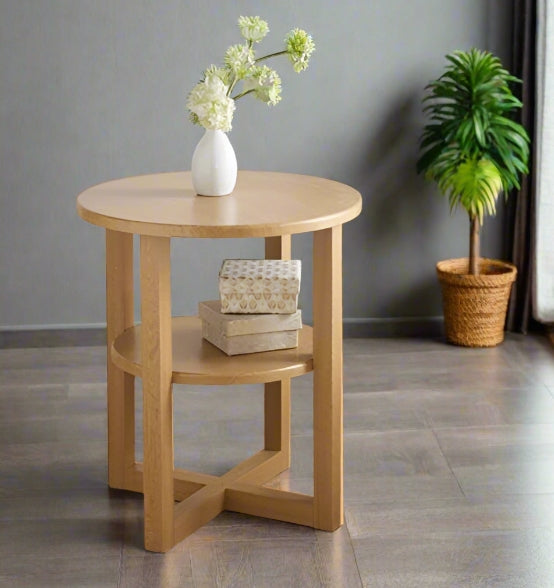 Small Side Table with Shelf Round Coffee Table for Living Room Bedroom or Hallway