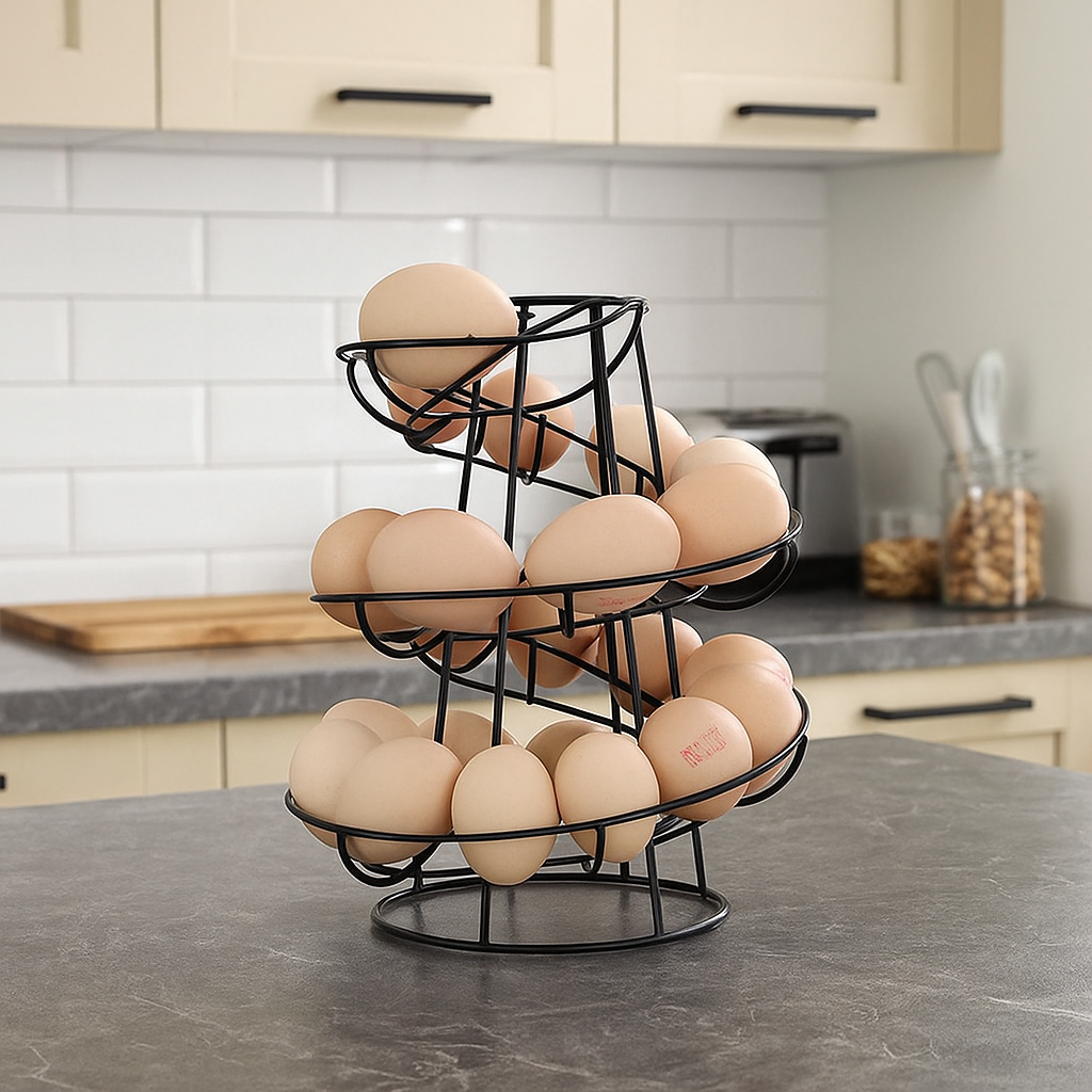 Black spiral egg rack stand with helter skelter design holds 18 eggs for kitchen counter storage