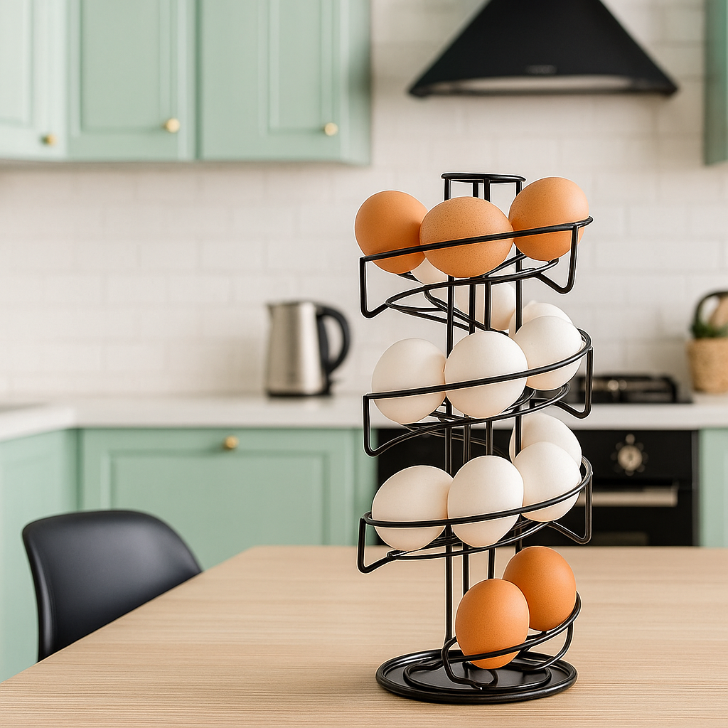 Black Spiral Egg Holder Rack Rotating Skelter Stand Holds 32 Eggs Kitchen Dispenser
