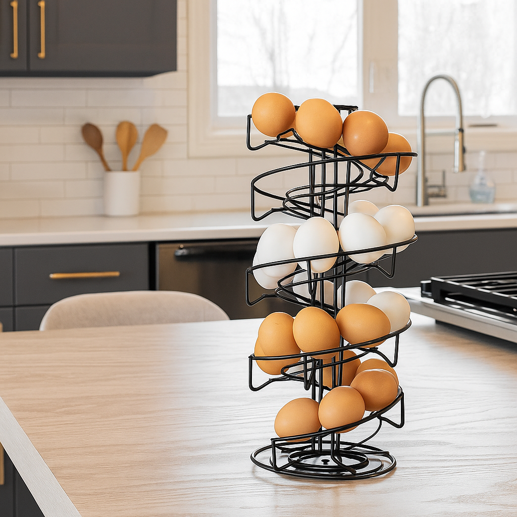 spiral egg holder rack with rotating helter skelter design holds up to 32 eggs