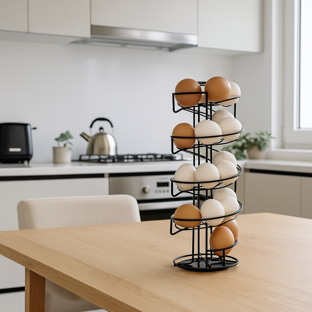 Black Spiral Egg Holder Rack Rotating Skelter Stand Holds 32 Eggs Kitchen Dispenser