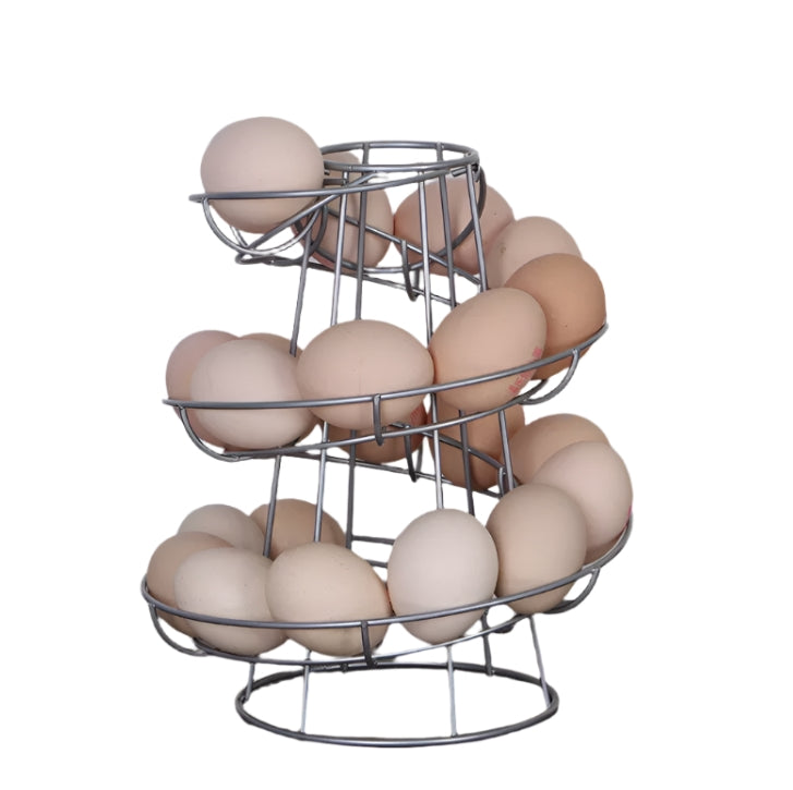 Silver Spiral Egg Holder Rack Skelter Kitchen Stand Holds 12 to 18 Eggs Counter Display