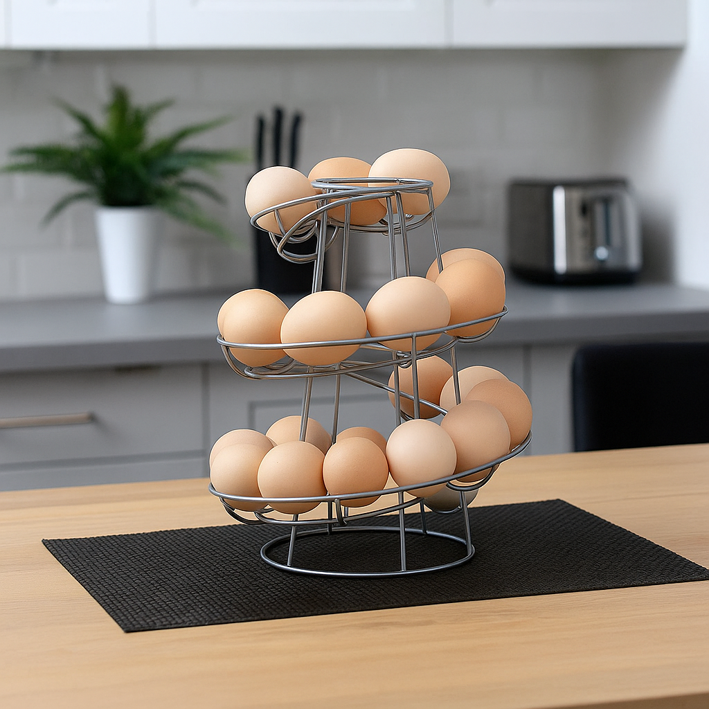 Silver Spiral Egg Holder Rack Skelter Kitchen Stand Holds 12 to 18 Eggs Counter Display