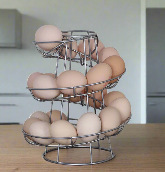 Silver Spiral Egg Holder Rack Skelter Kitchen Stand Holds 12 to 18 Eggs Counter Display