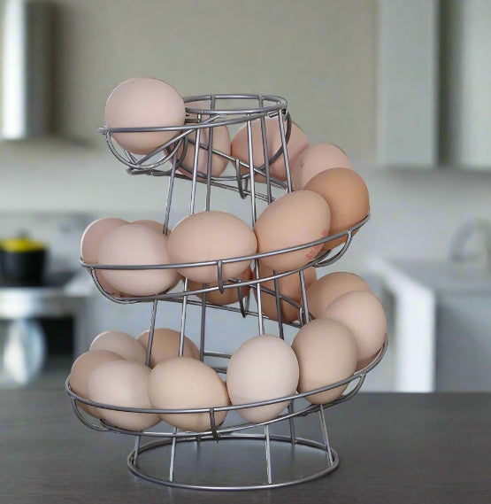 Silver Spiral Egg Holder Rack Skelter Kitchen Stand Holds 12 to 18 Eggs Counter Display