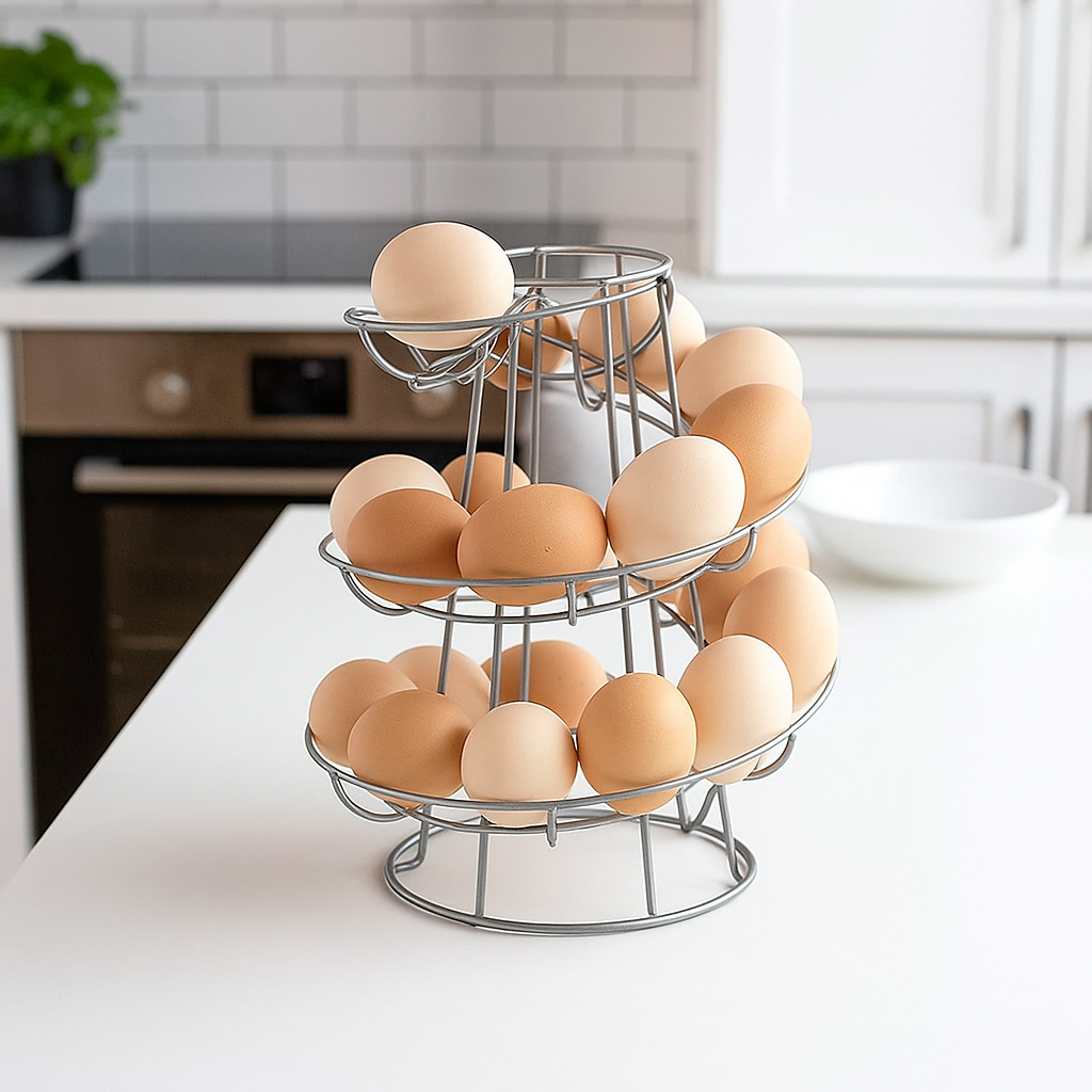 Silver Spiral Egg Holder Rack Skelter Kitchen Stand Holds 12 to 18 Eggs Counter Display