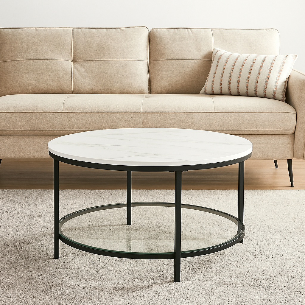 Round Marble White Coffee Table with Glass Storage Shelf and Black Steel Legs for Living Room