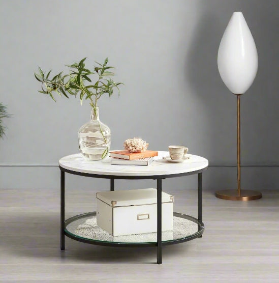 Round Marble White Coffee Table with Glass Storage Shelf and Black Steel Legs for Living Room