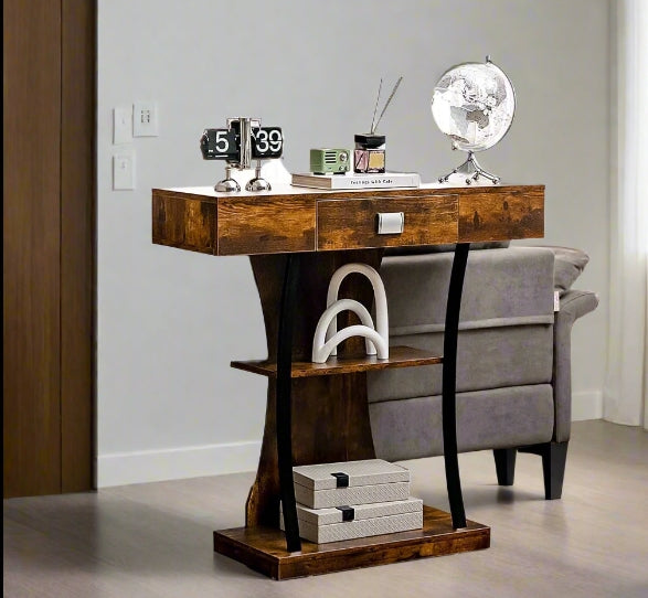 Rustic Brown Console Table with Drawer and Shelves T Shape Hallway Entryway Sofa Side Table