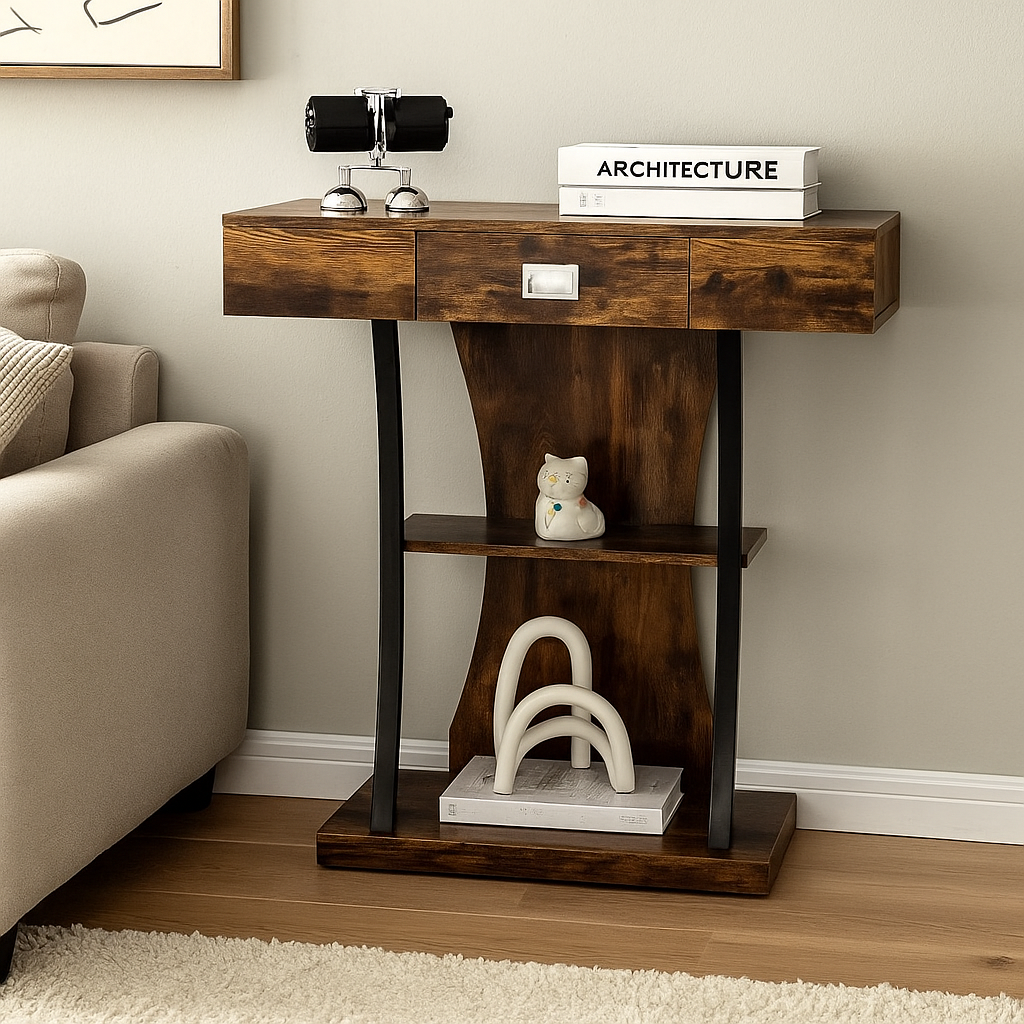 Rustic Brown Console Table with Drawer and Shelves T Shape Hallway Entryway Sofa Side Table