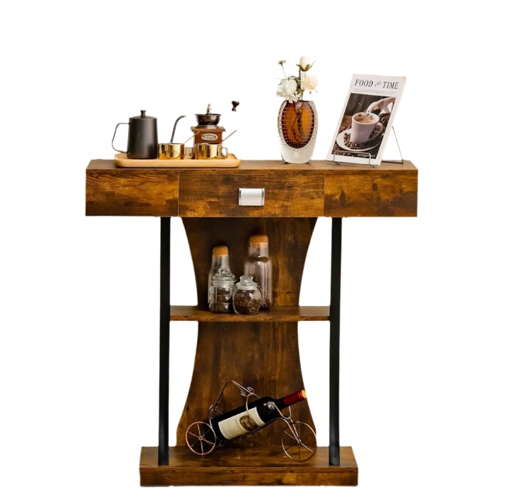 Rustic Brown Console Table with Drawer and Shelves T Shape Hallway Entryway Sofa Side Table