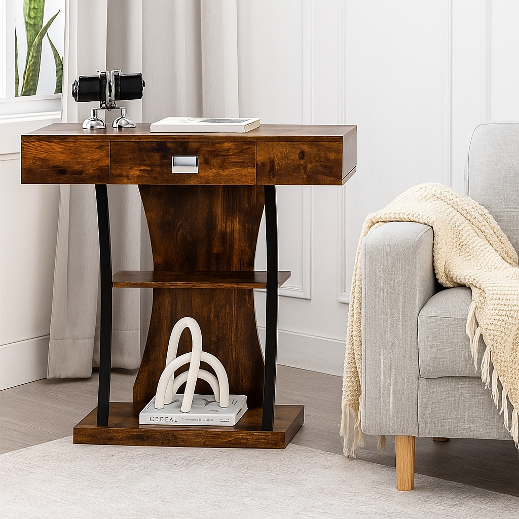 Rustic brown T-shaped console table with drawer and open shelves for hallway or living room