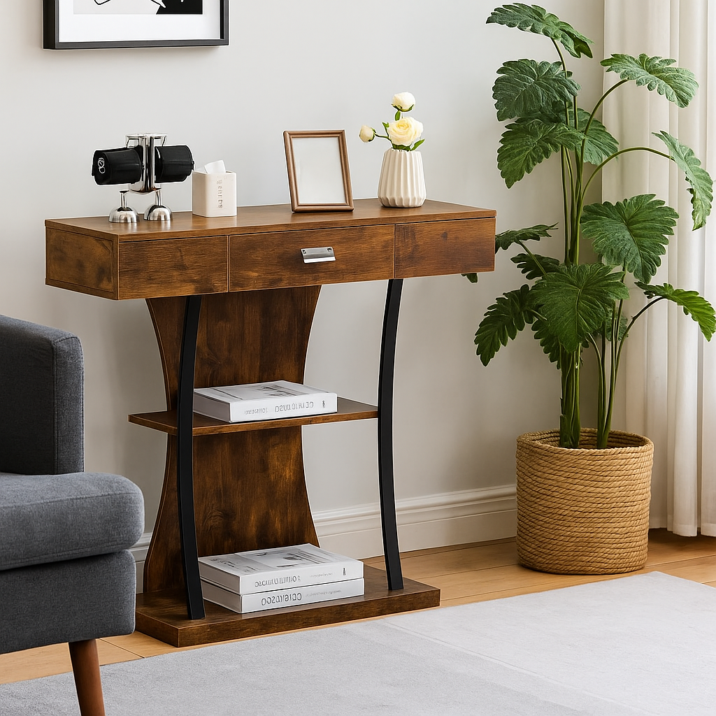 Rustic Brown Console Table with Drawer and Shelves T Shape Hallway Entryway Sofa Side Table