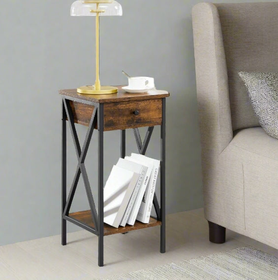 Tall Nightstand with Drawer & Shelf – Rustic Brown & Black Industrial Bedside Table
