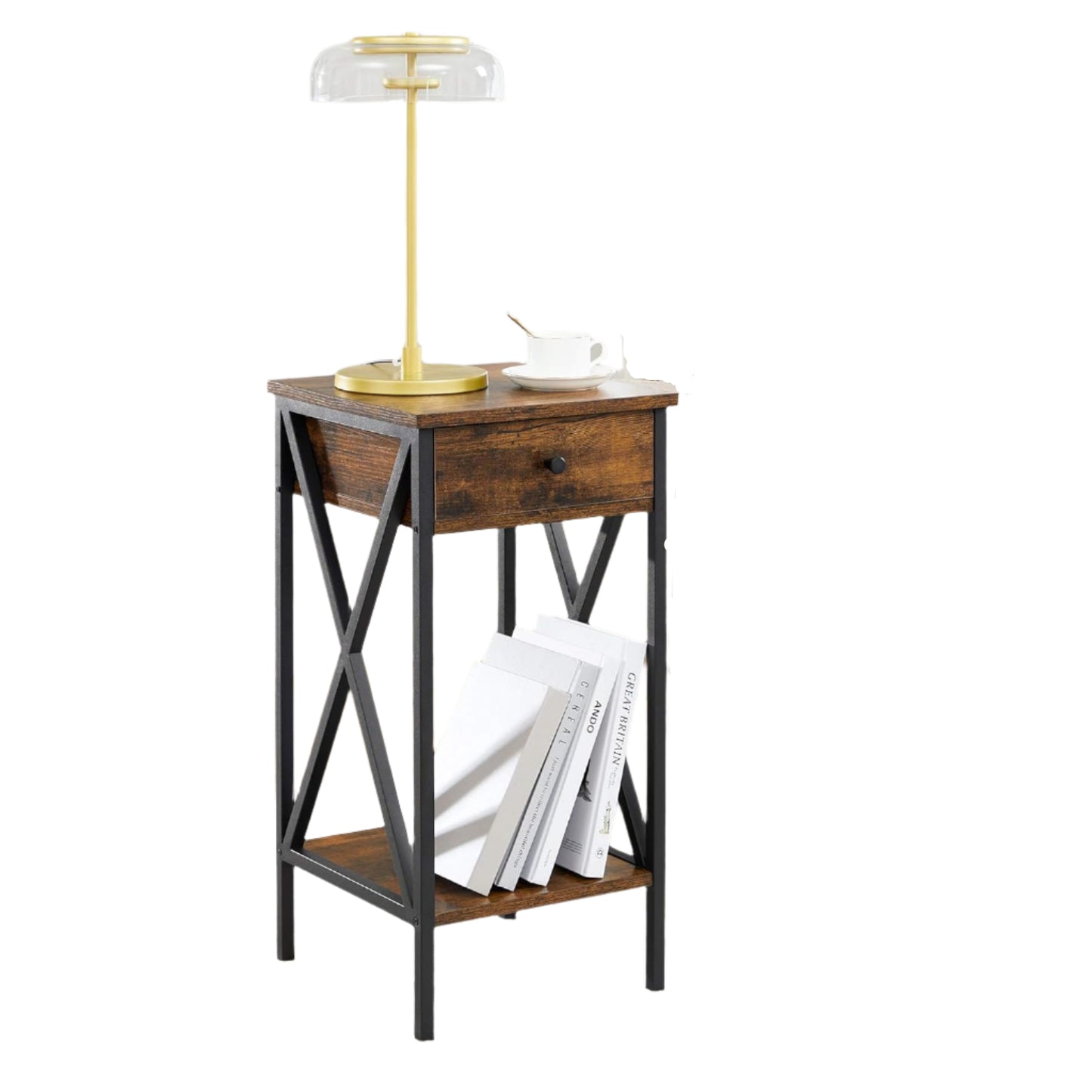Tall Nightstand with Drawer & Shelf – Rustic Brown & Black Industrial Bedside Table